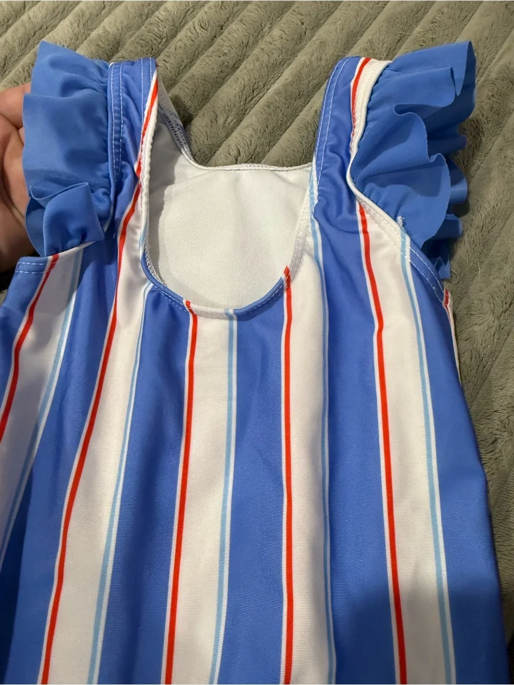 Girls Blue Striped One-Piece Swimsuit with Cartoon Friends